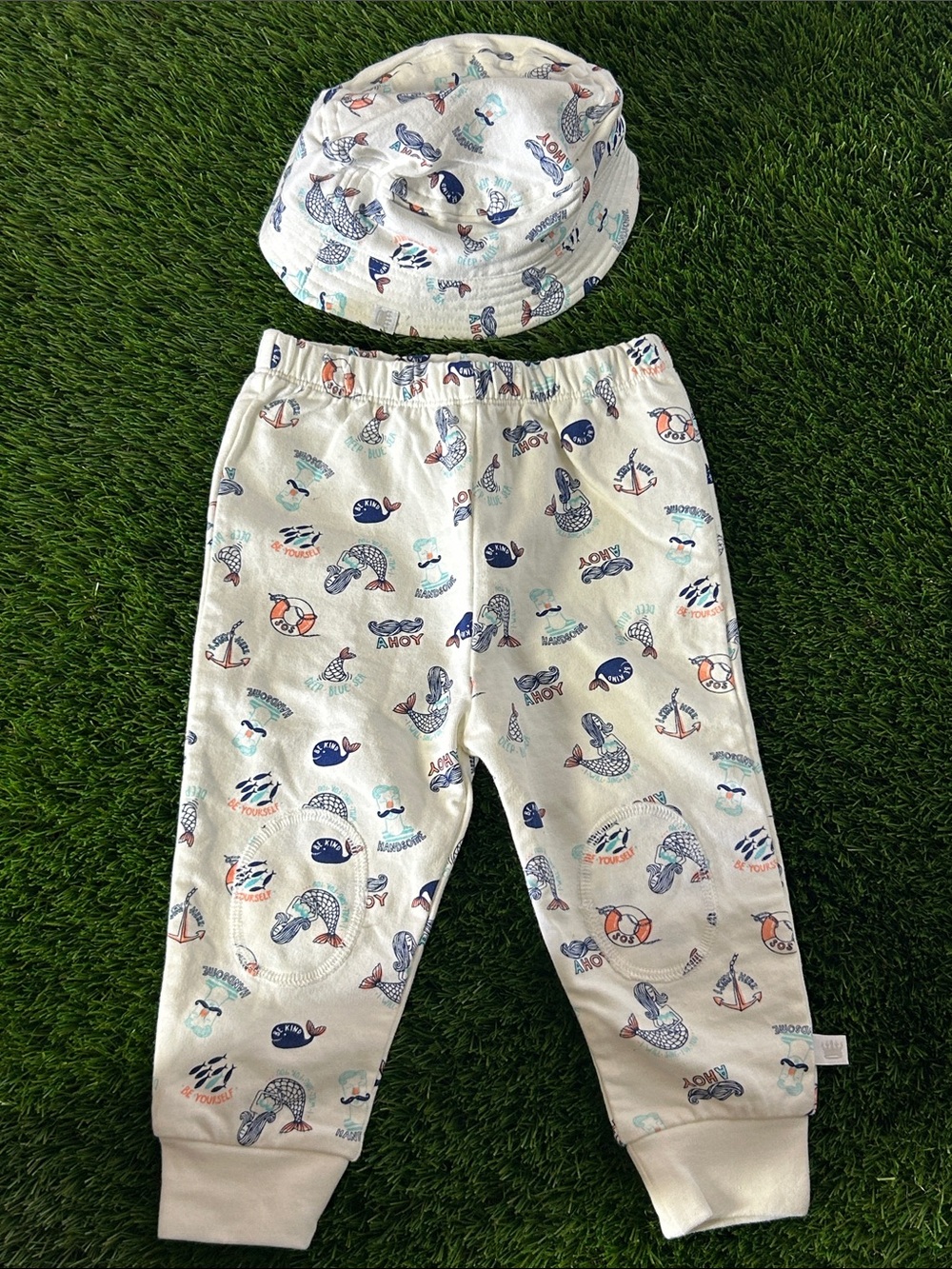 Rosie Pope Hat & Cream Nautical Print Pajama Bottoms with Matching Hat